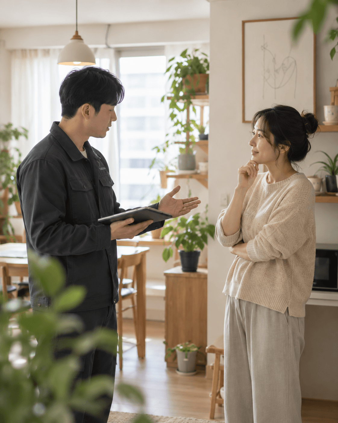 밝고 편안한 집에서 태블릿을 보며 상담하는 전문가와 고객을 표현한 이미지